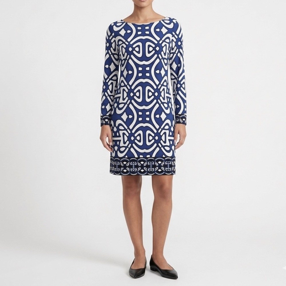 Anthropologie LAUNDRY BY DESIGN Blue White Geometric Shift Dress 60s Mod Revival